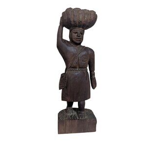 Vintage 1960s Hand Carved Gum Wood Statue Market Woman Basket Head Folk Art‎